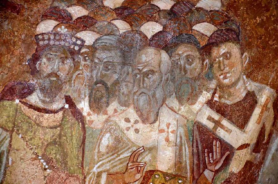 Detail of an ancient byzantine fresco of the council of Nicaea. From the church of St Nicholas, Demre, Southern Turkey